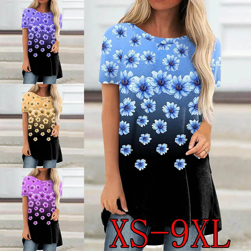 Women's 2022 Floral Theme Painting T Shirt Color Gradient Daisy Print Round Neck Basic Tops