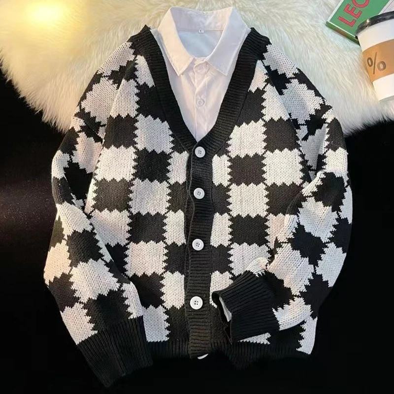 

Women Plaid Cardigan Oversize Sweater Korean Harajuku Winter Vintage Knitted Tops Jumper Long Sleeve Coats Y2k Fashion Clothing