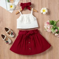 2022 summer girls clothing set kids clothes 3pcs sets lace strap topsbow belt skirtheadband fashion sweet teen girl suit 1 6y