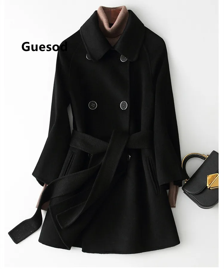 

Guesod Women Wool Coat High Quality Double Sided Coat Female Black Medium Length Hepburn 2022 Woolen Outerwear New