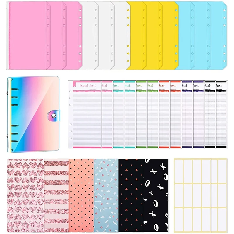 

A6 PVC Notebook Binder Planner Organizer 6 Ring Binder Cover, Binder Pockets, Budget Sheet For Budgeting,Rainbow Style