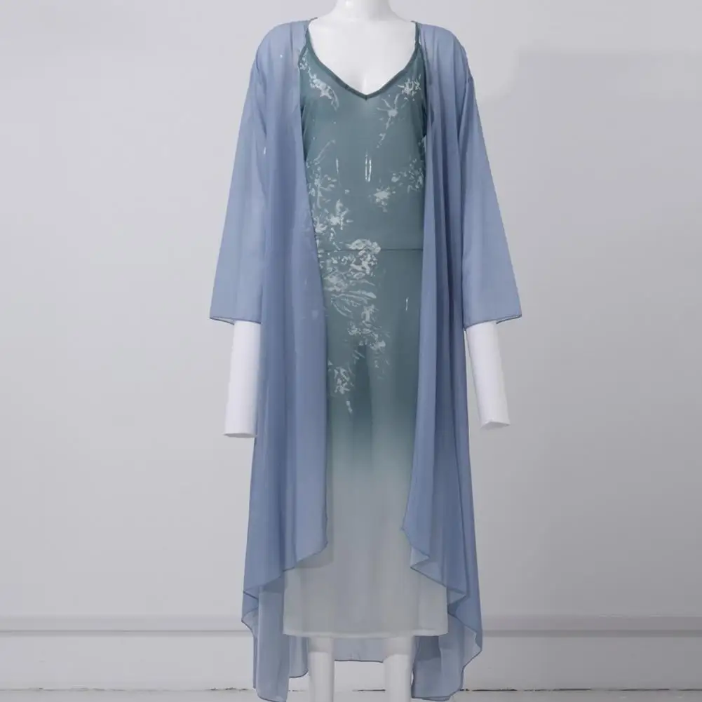 

2Pcs/Set Fashion Maxi Dress Set Spaghetti Straps Breathable Dress Shawl Set Sling Pullover Long Dress Thin Cardigan Set