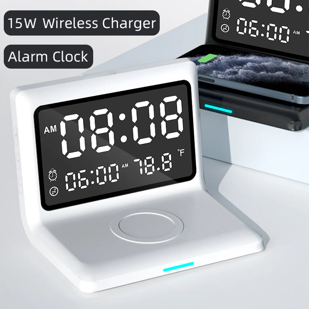 

Fast Wireless Charger Mirror Digital LED Alarm Clock Phone Wireless Charging Stand Perpetual Calendars Thermometer