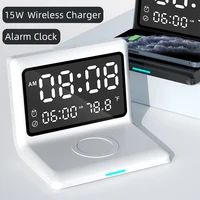 fast wireless charger mirror digital led alarm clock phone wireless charging stand perpetual calendars thermometer