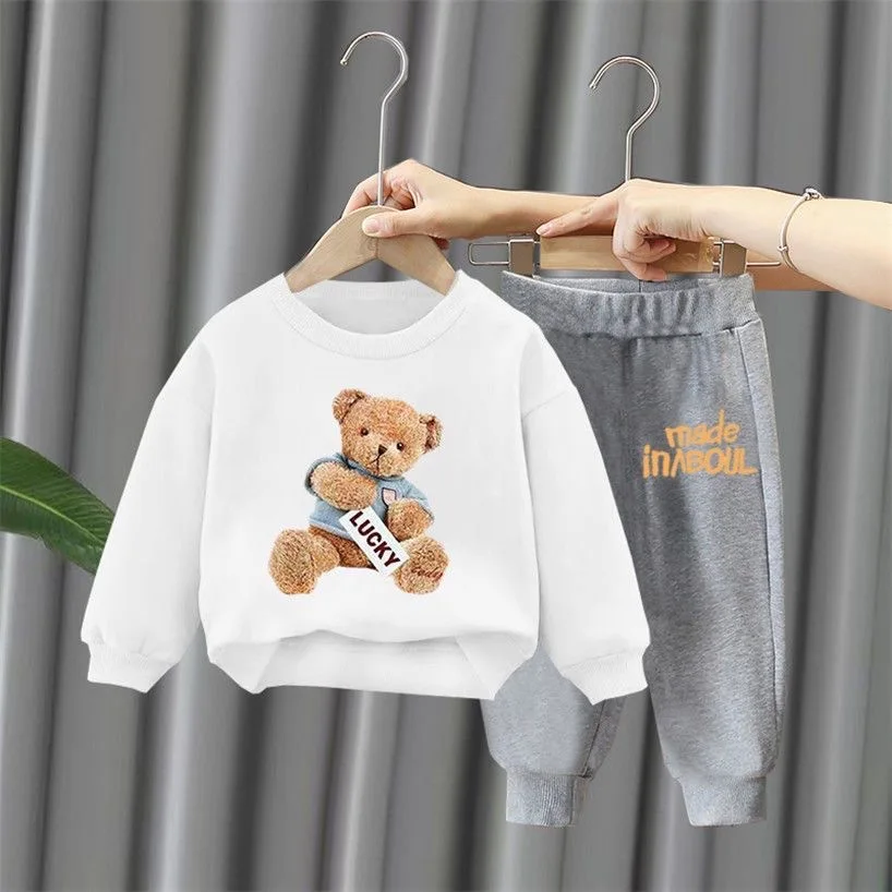 

Cotton 2023 New Girls Set Cartoon Boy Sets Kids Long Sleeve Sports Shirts + Pants Suits Autumn Spring Children‘s Clothing Bear