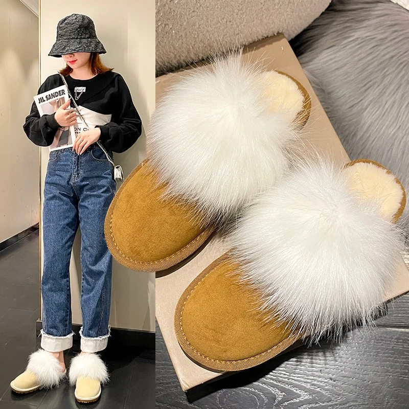 

Женские повседневные меховые тапочки, плоская Нескользящая однотонная обувь, натуральный Лисий мех, пушистые теплые тапочки, Осень-зима