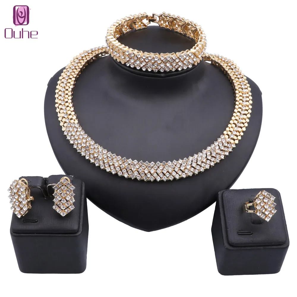 

Brazil Gold Color Jewelry Sets For Women Dubai Fashion Crystal Necklace Earrings Ring Bracelet Set Bride Wedding Party Gift