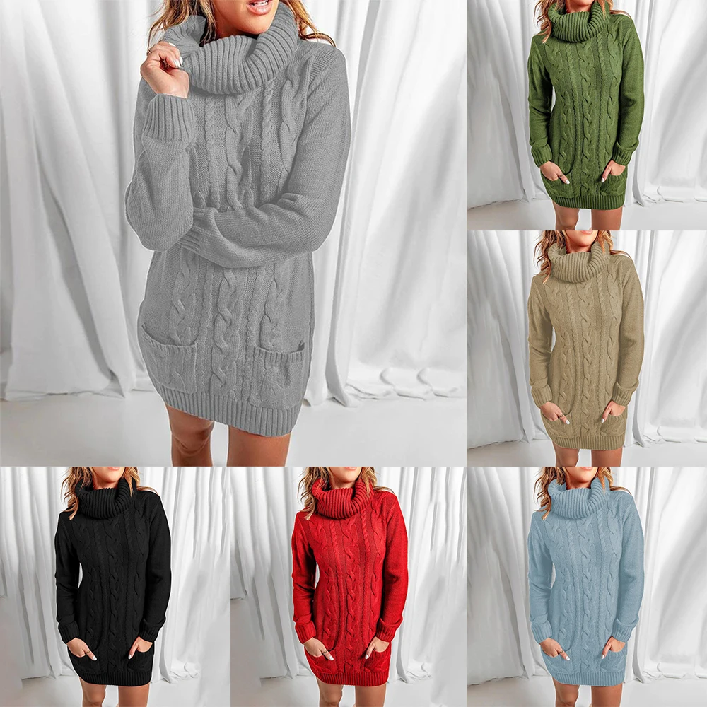 

Turtleneck Long Sleeve Two Pocket Solid Color Thickened Sweater Dress Autumn Winter Knitted Ribbed Edge Slim Twist Knitted Dress