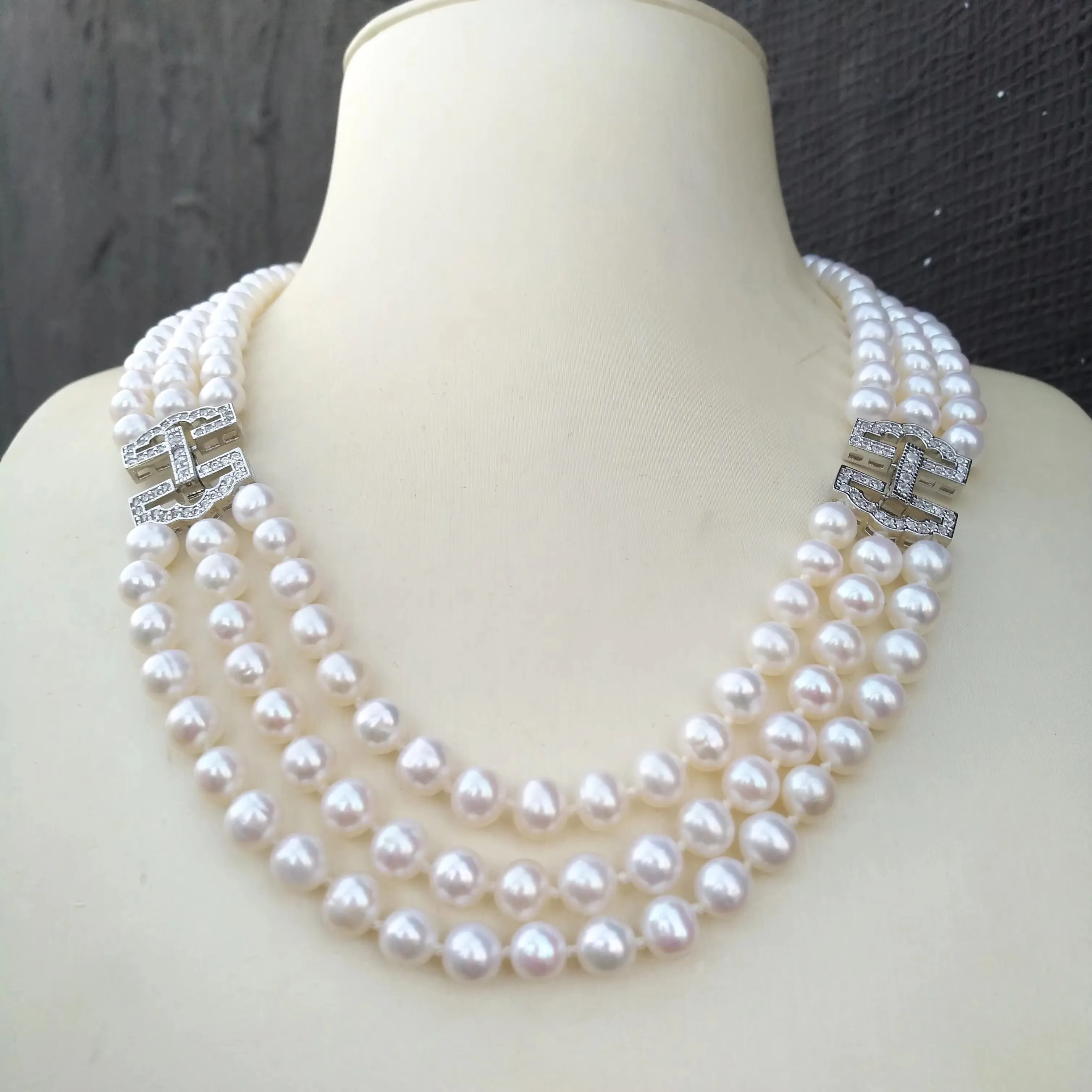3-рядное жемчужное ожерелье AAAA 7-8 мм белый натуральный круглый жемчуг Akoya 925 s 18 19 20