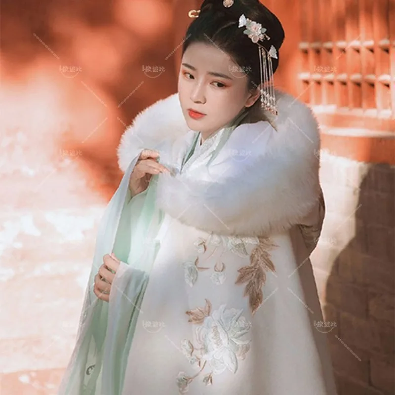 Женская накидка Hanfu с меховым воротником длинное толстое пальто в китайском