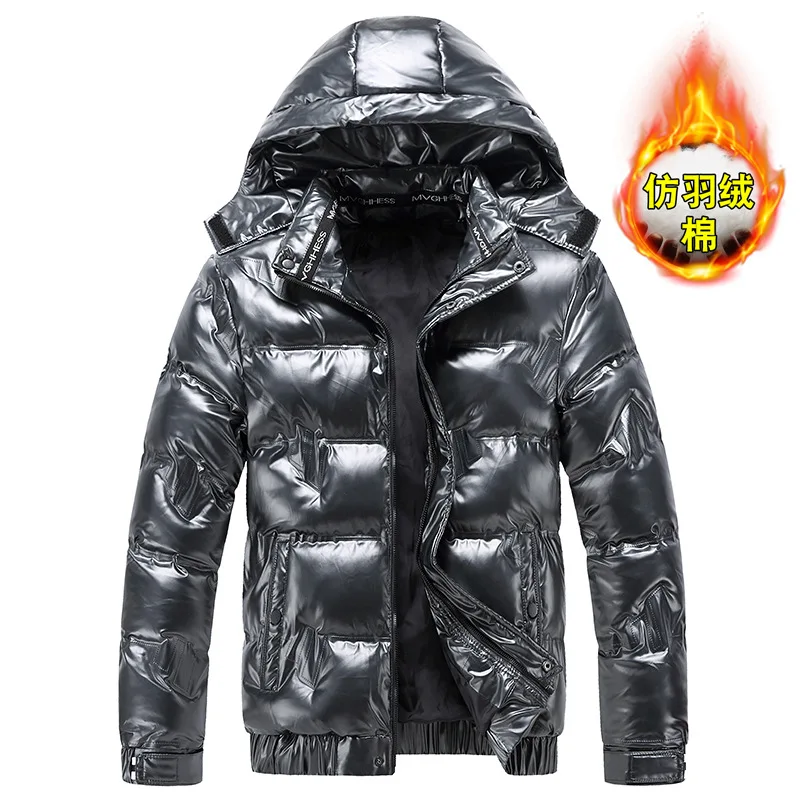 Bright Leather Winter Men's Jacket Casual Parka Outwear Waterproof Puffer Padding Warm Stand With Hood Outwearing Coat