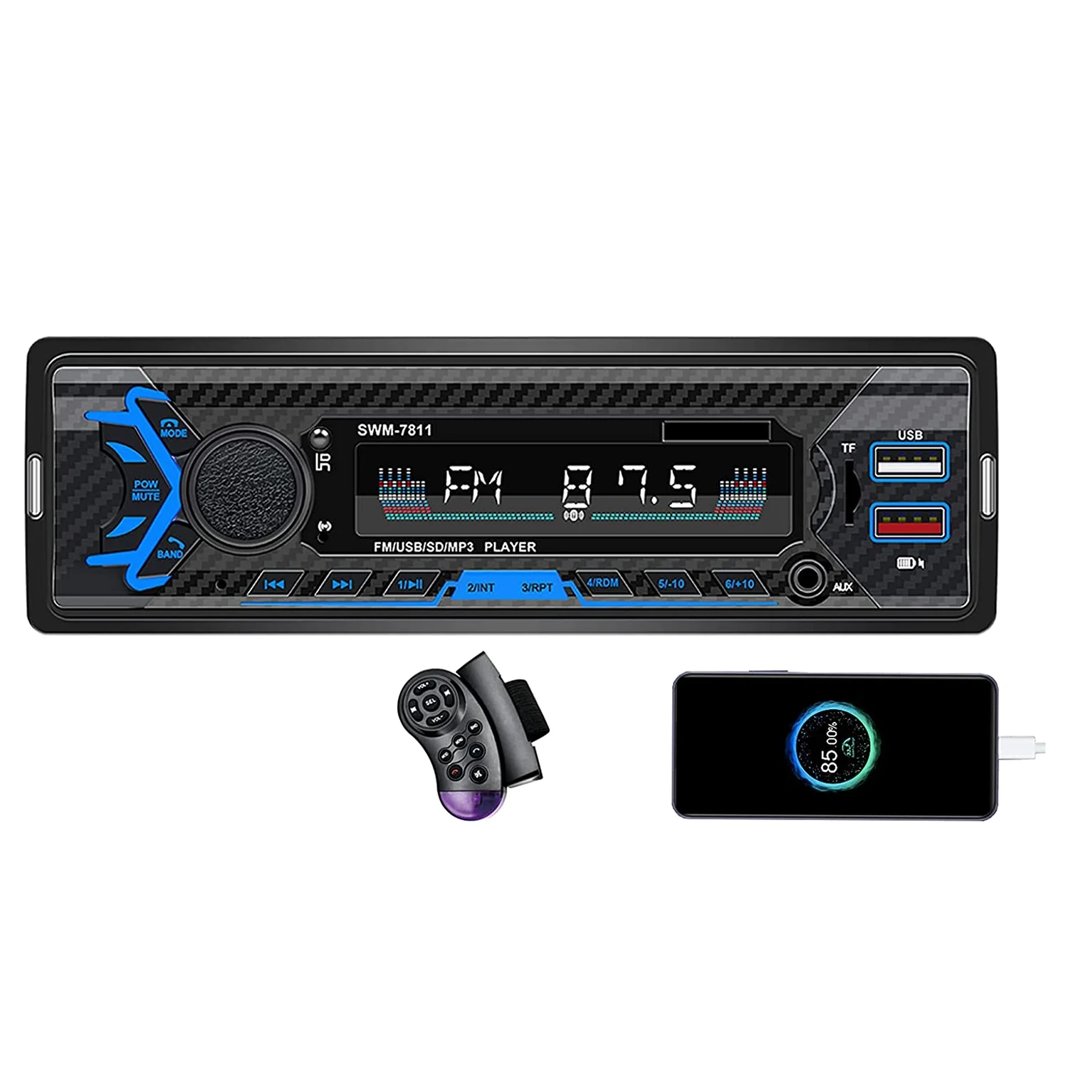 

Автомобильная стереосистема с голосовым управлением, FM-радио, Bluetooth, громкой связью, быстрая зарядка через 2 USB, mp3-плеер