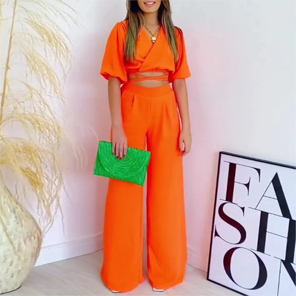 

Женский однотонный комплект из двух предметов, укороченный топ на шнуровке и брюки с коротким рукавом и V-образным вырезом, Модный комплект с широкими штанинами, лето 2024