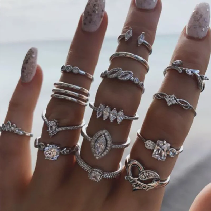 

European and American Style Set Ring Bohemia New 15pcs Set Ring Jewelry To Attend The Banquet Hip-hop Party Jewelry