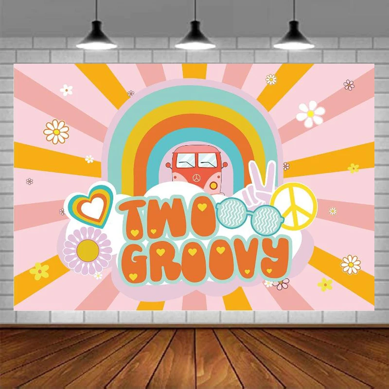 

Photography Backdrop For Girls Two Groovy Hippie Supplies Background Happy Birthday Party Decorations Banner Daisy Flower Boho