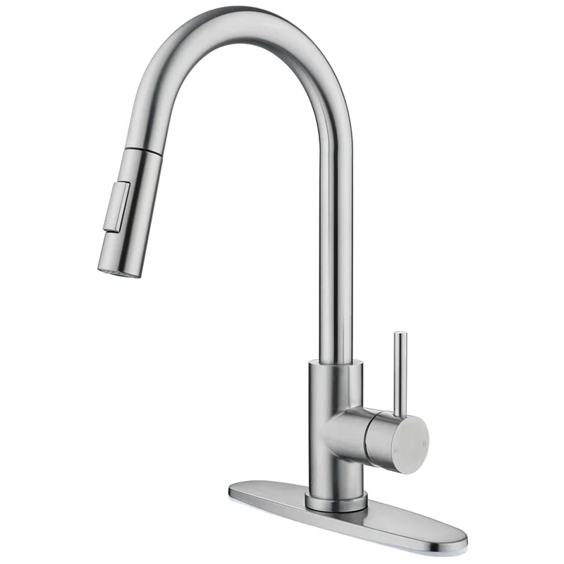 

Kitchen Sink Faucets With Pull-Down Sprayer, Stainless Steel Single Handle Pull Down Sprayer Faucet With Deck Plate