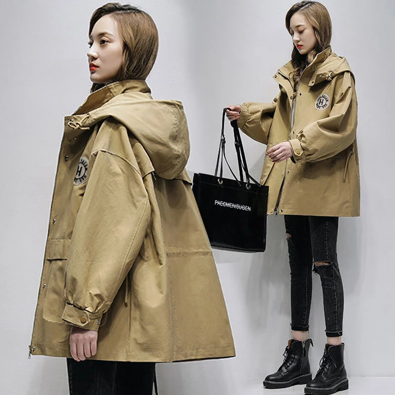 

Fashion Hooded Trench Coat For Women Spring And Autumn Mid-Length Pocket Loose Windbreaker Casual Workwear Jacket Female