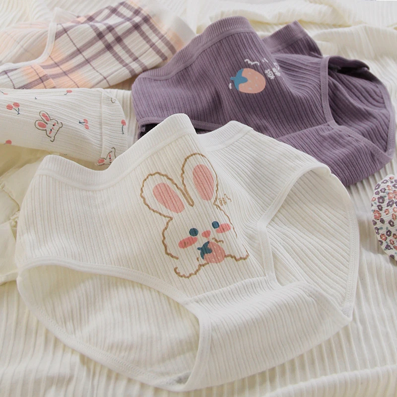 

Women's Cartoon Print Soft Cotton Shorts Underpants Solid Color Panty Thread Kawaii Mid Waist Briefs Intimates Women Lingerie