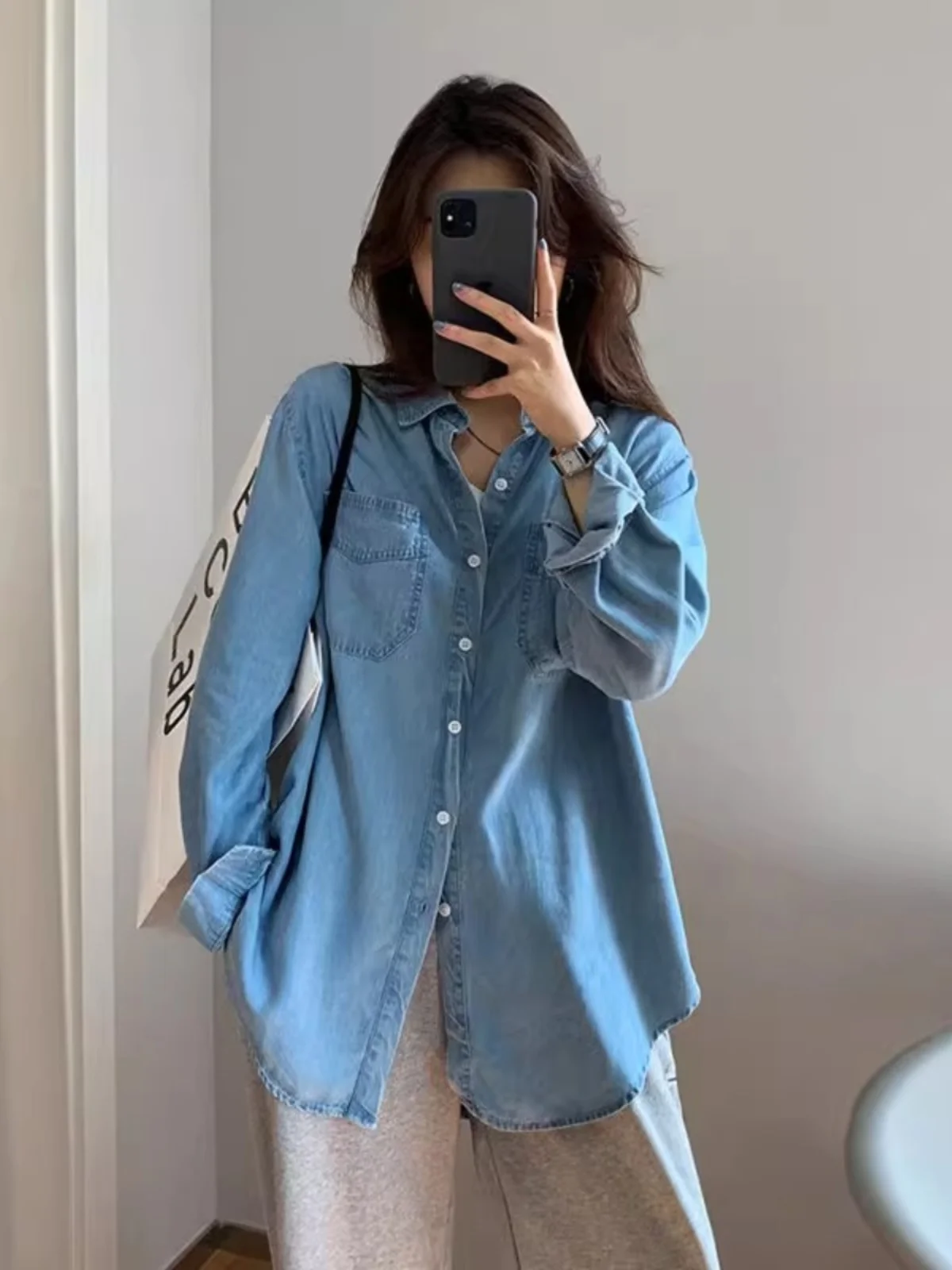 Design Sense Demin shirt Women Autumn and Winter Loose Stacked Inner wear Shirt Retro Hong Kong Flavor Slimming Soft Top Oute...