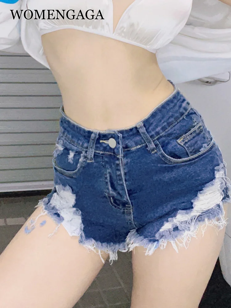 

Denim WOMENGAGA New Shorts Hole High Waist Loose Cowboy Stretch Hole Elasticity High Waist Hot Sexy Korean Tassel Sexy E03W