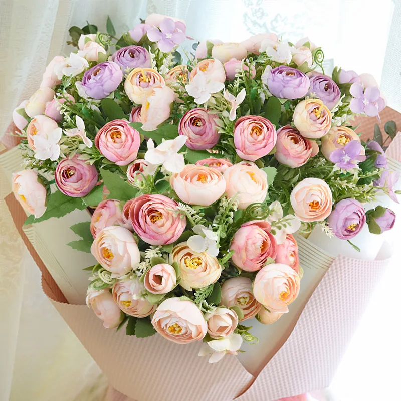 

5Forks/30cm Pretty Peony Rose Bunch Artificial Silk Flower Small Pink Purple Bouquet Wedding Favors Diy Wreath Home Vase Decor