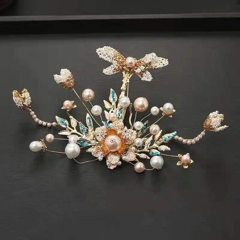 Princess Crown for Birde Pearl Crystal Headband Flower Chinese Wedding Tiara Tassels Hair Sticks Pins Wedding Hair Accessories images - 6