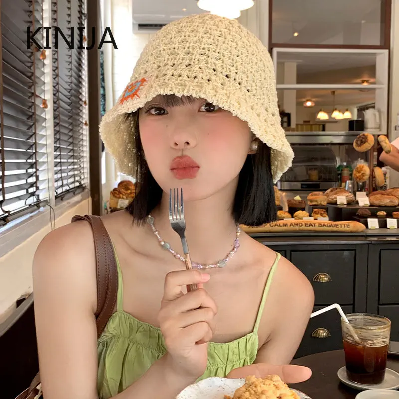 

INS Colorful Straw Hat for Women Summer Anti-UV Straw Weaving Sunshade Sunscreen Bucket Hat Seaside Vacation Beach Sun Caps