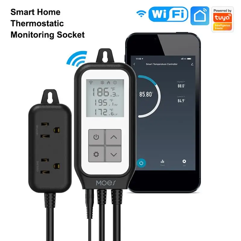 

WiFi Socket Thermostat Chamber Digital Temperature Controller Power Outlet High Low Temperature Alarm 100-230V AC Home Supplies