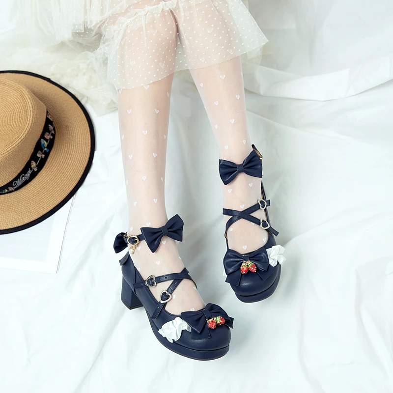 

2022 spring women shoes plus size 22-28cm Cute bow cross buckle Mary Jane shoes Japanese original high Heel Lolita shoes
