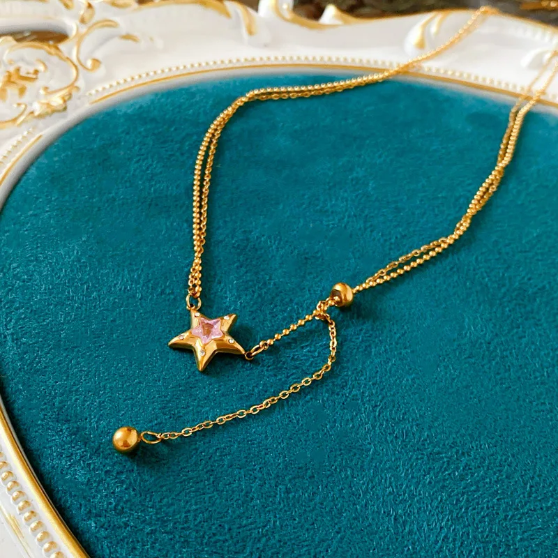 

Five-Pointed Star round Beads Double-Layer Necklace European and American Sweater Clavicle Chain Necklace Female