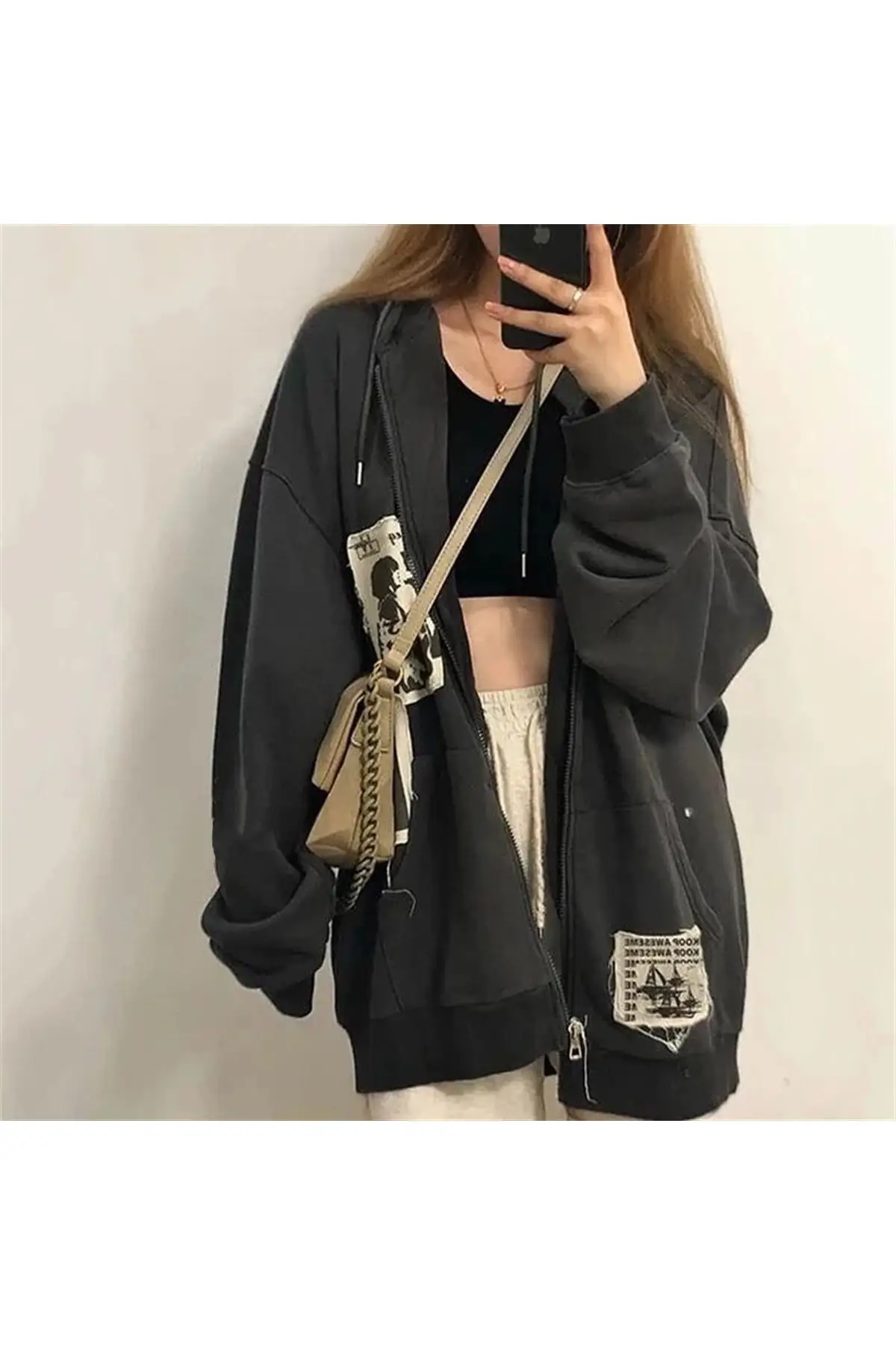 

Gothic Punk Distressed Appliques Hoodie Jacket Oversize Cardigan