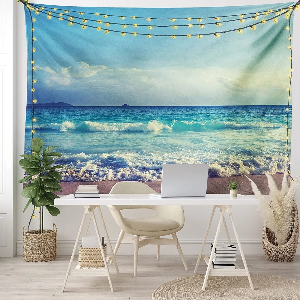 

3D Coastal Sunshine Tapestry Tidal Sand Cloud Sunset Sunshine View Ocean Rocks Tapestries Bedroom Living Room Decor Wall Hanging