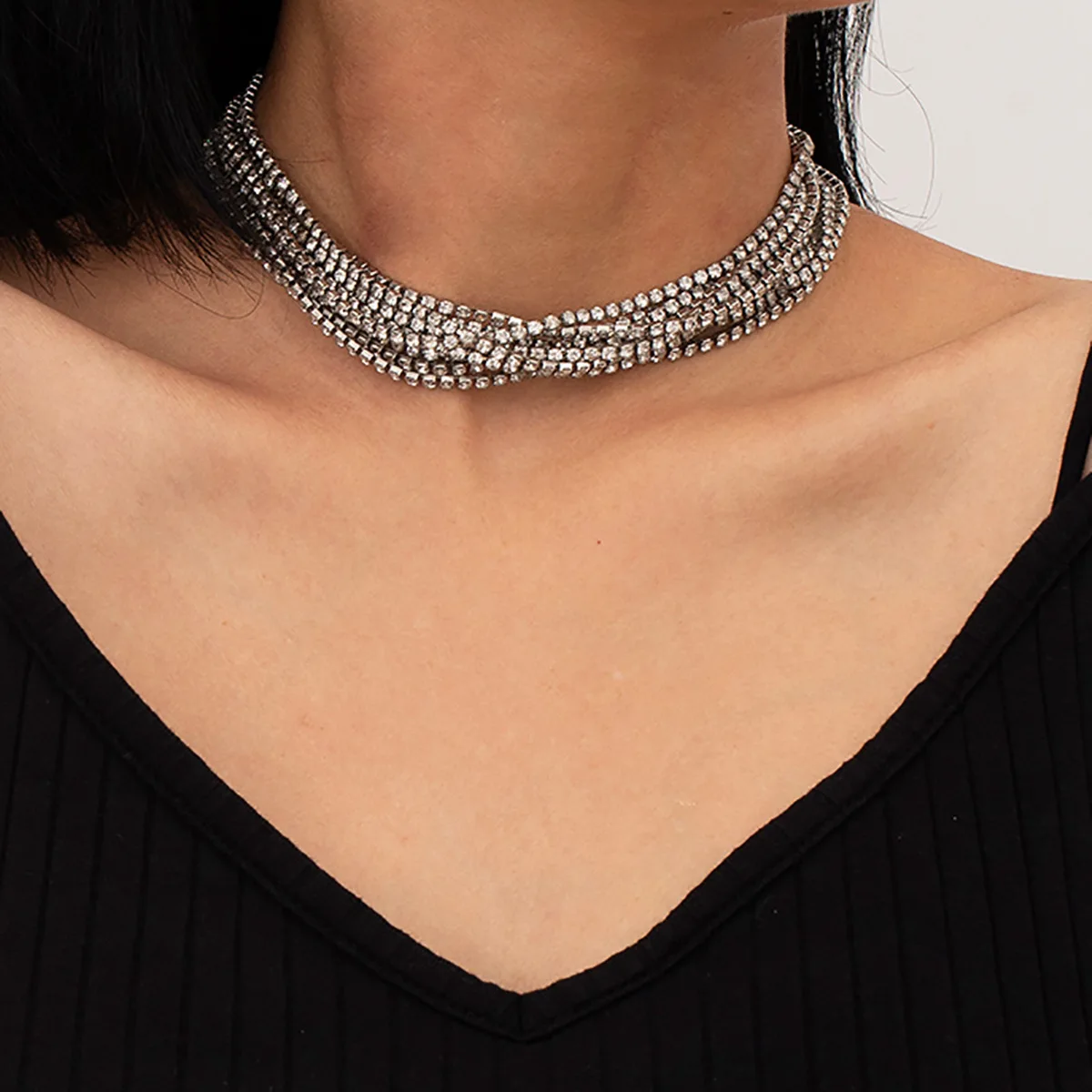 

Wide Layer Necklace Tennis Bling Ice out Cubic Zirconia Rhinestone Chain Choker Necklace for Women Party Jewelry