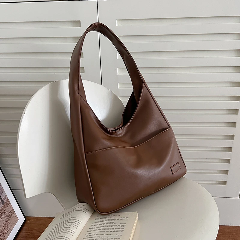 

Vintage Large Capacity Women's Tote Handbags Solid Color Portability Ladies Shoulder Bags Fashion Soft Pu Leather Female Bag