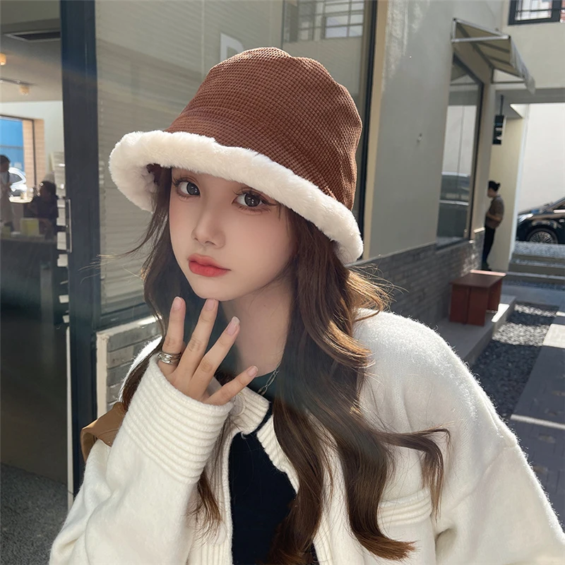 

Autumn Winter Wool Fisherman Hat Woman Outdoor Windproof Thicken Warm Plush Panama Cap Korean Velvet Fur Bucket Hats