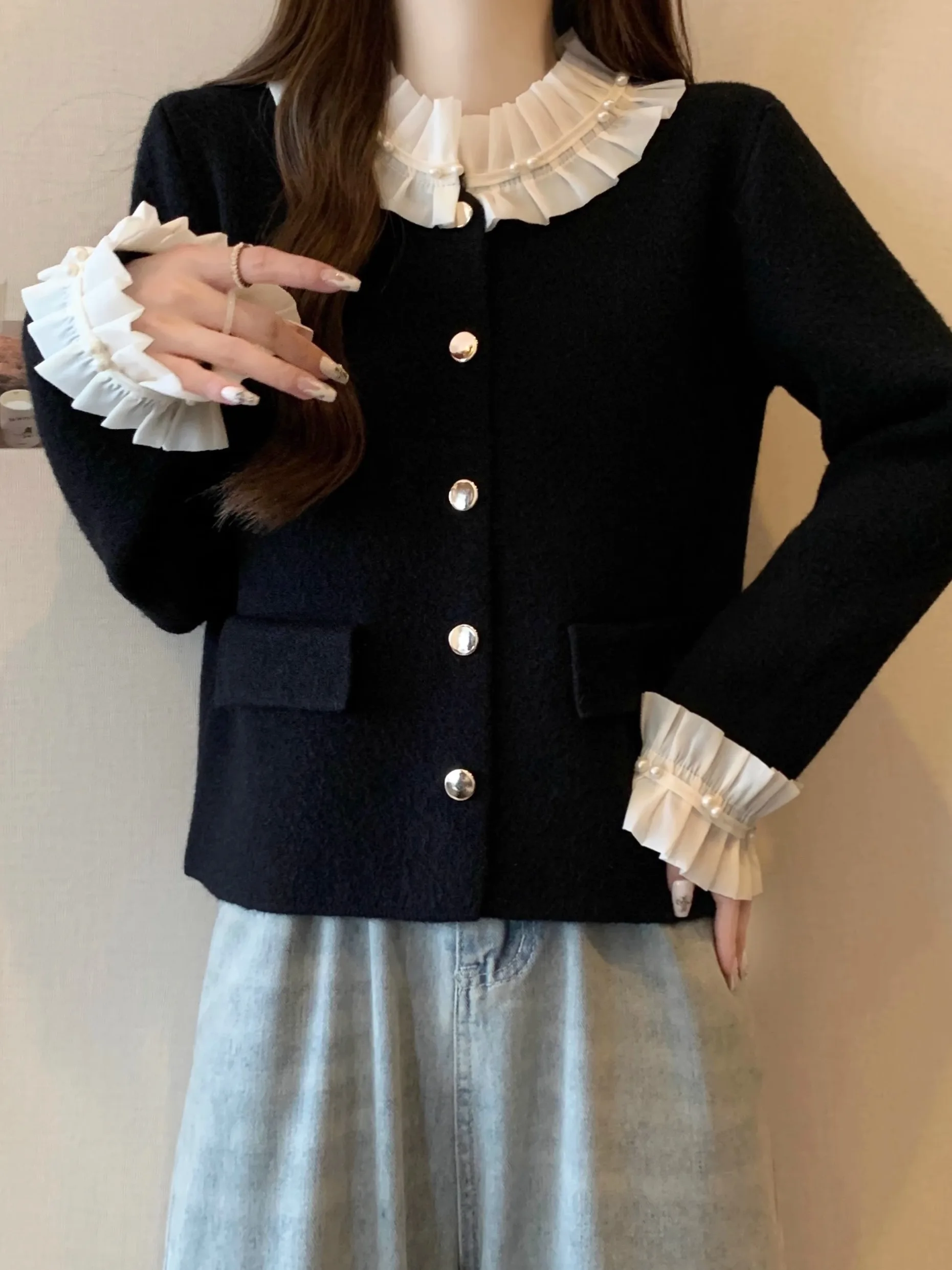 Женский вязаный кардиган с воротником из красного листа лотоса размера плюс 2024