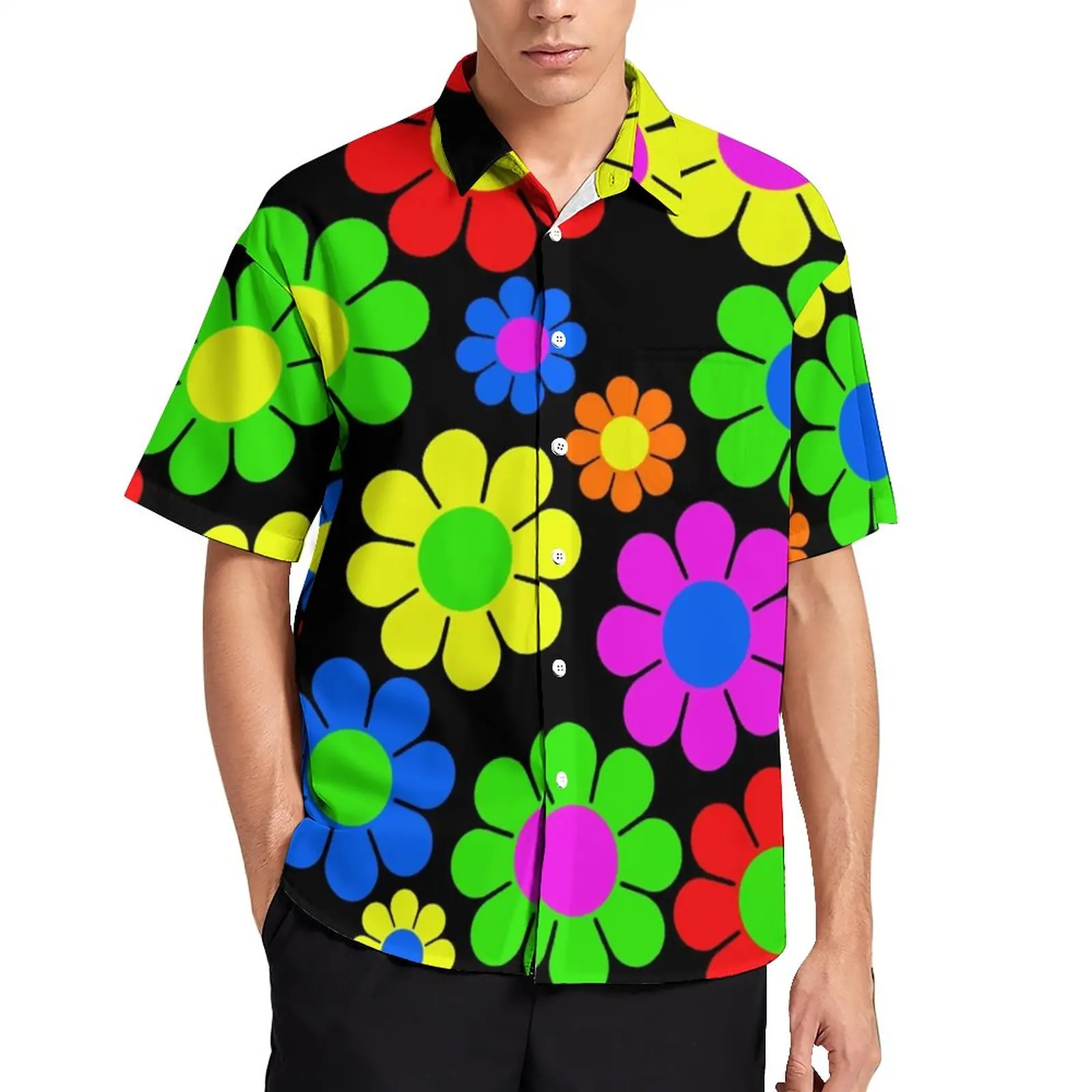 

Colorful Peace Print Beach Shirt Hippy Flower Daisy Summer Casual Shirts Men Funny Blouses Short Sleeve Top Plus Size 3XL 4XL