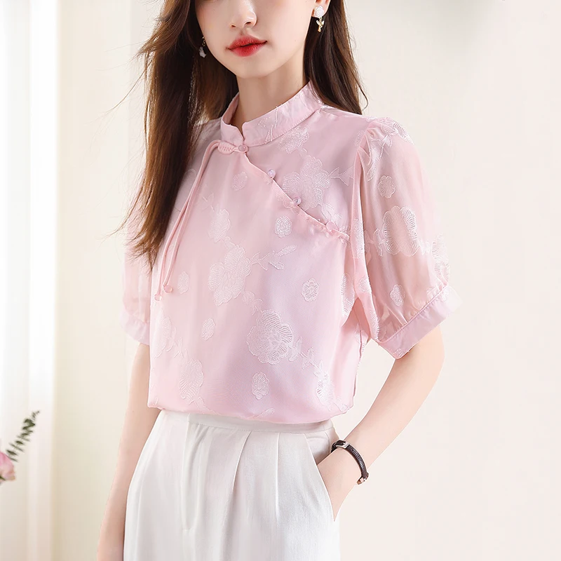 

Шифоновая рубашка для женщин, Новинка лета 2023, жаккардовая блузка в китайском стиле, облегающая модная винтажная блузка с короткими рукавам...