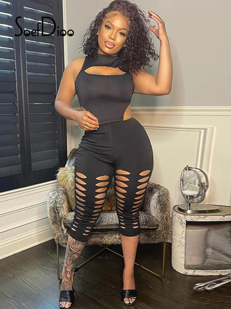 

Soefdioo Black Hollow Out Playsuits Women Sexy O-neck Sleeveless Zipper Bodycon Rompers Autumn 2022 Fahsion Overalls Streetwear