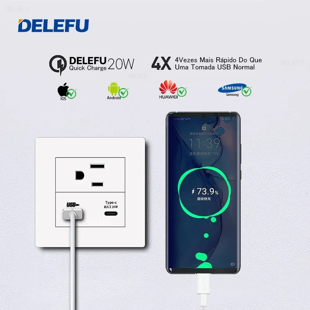 DELEFU86 Тип ПК Белая огнестойкая панель Американский стандарт Настенная розетка