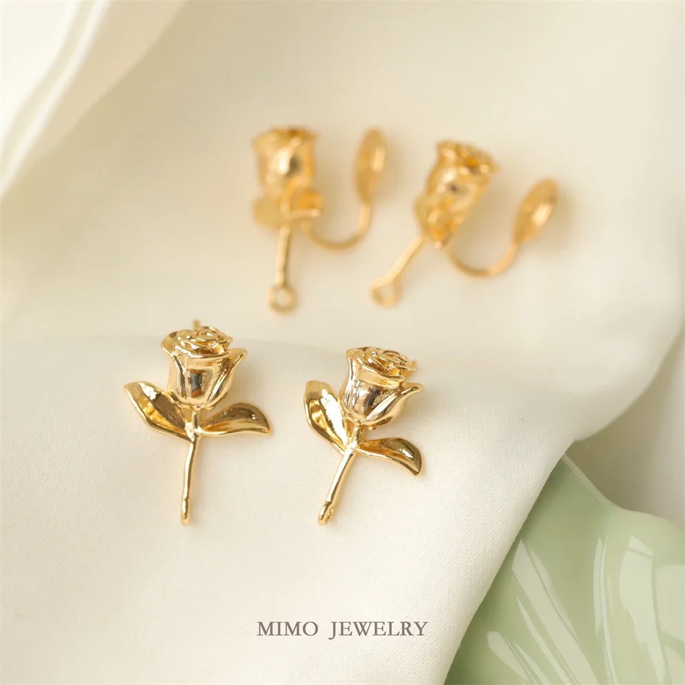 

14K Gold Copper Plated Real Gold Romantic Three-dimensional Rose 925 Silver Needle Earrings Ear Clip DIY Hand Accessories M-742