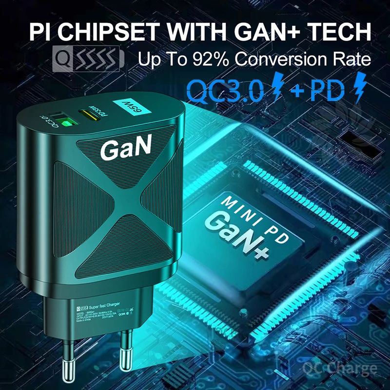 Быстрое зарядное устройство 65 Вт GaN US/EU/UK штепсельная вилка Type-C PD + QC3.0 USB 5 В/6.6A 9 В/3A