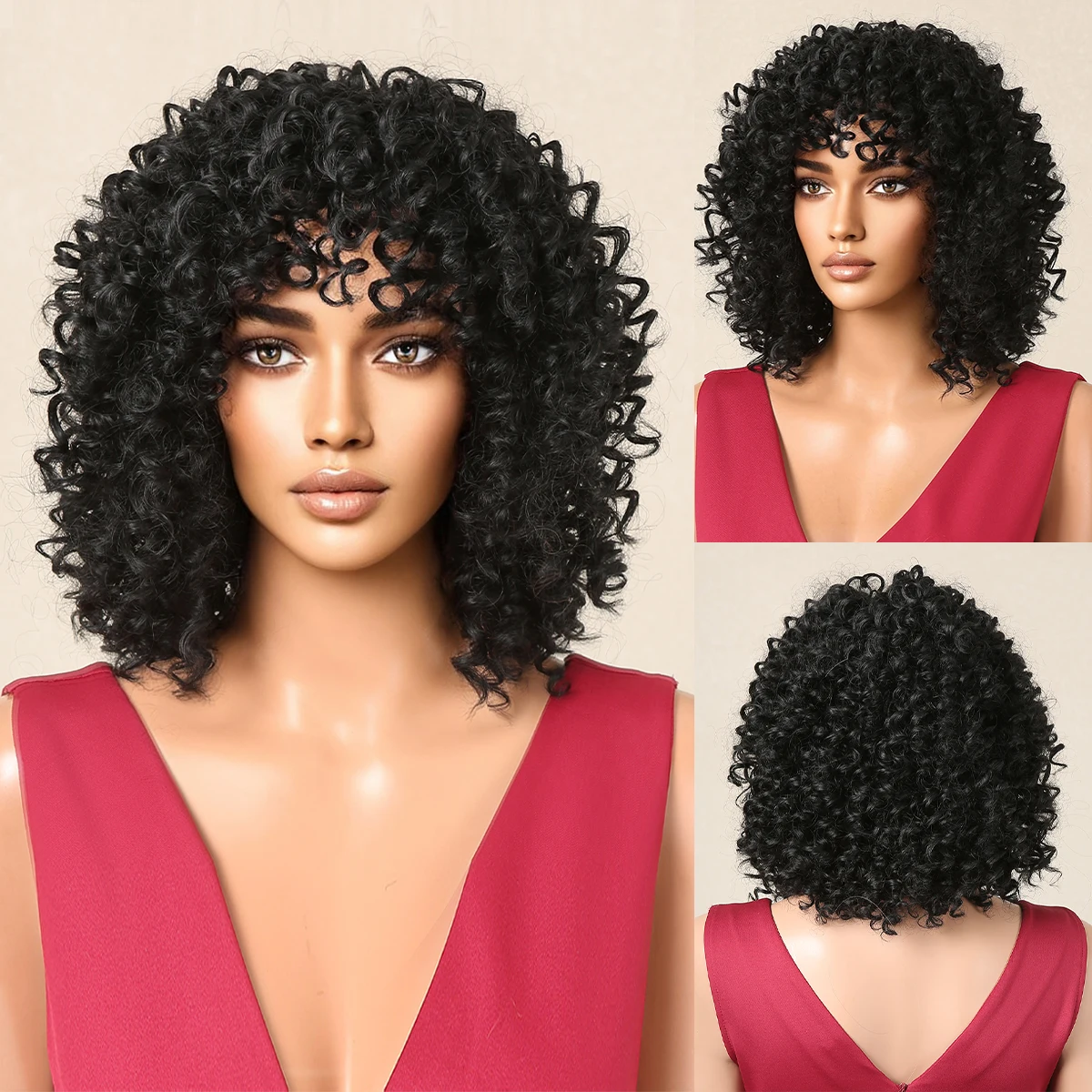 

Blcak Kinky Curly Wave Synthetic Wig with Bangs Natural Glueless Deep Wavy Afro Wig for Women Daily Cosplay Heat Resistant Fiber