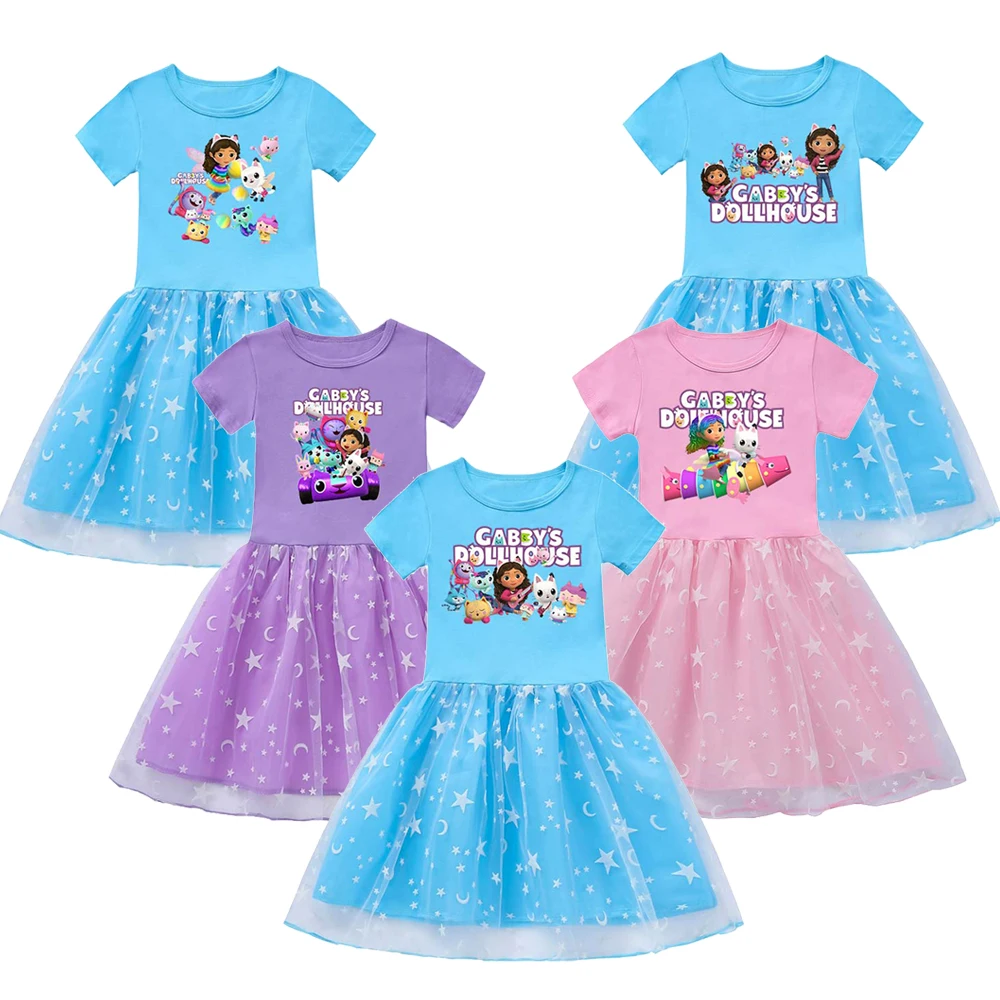 

Gabbys Dollhouse Clothes Baby Girls Rainbow Lace Short Sleeve Dresses Kids Cartoon Cats-tastic Wedding Party Princess Vestidos