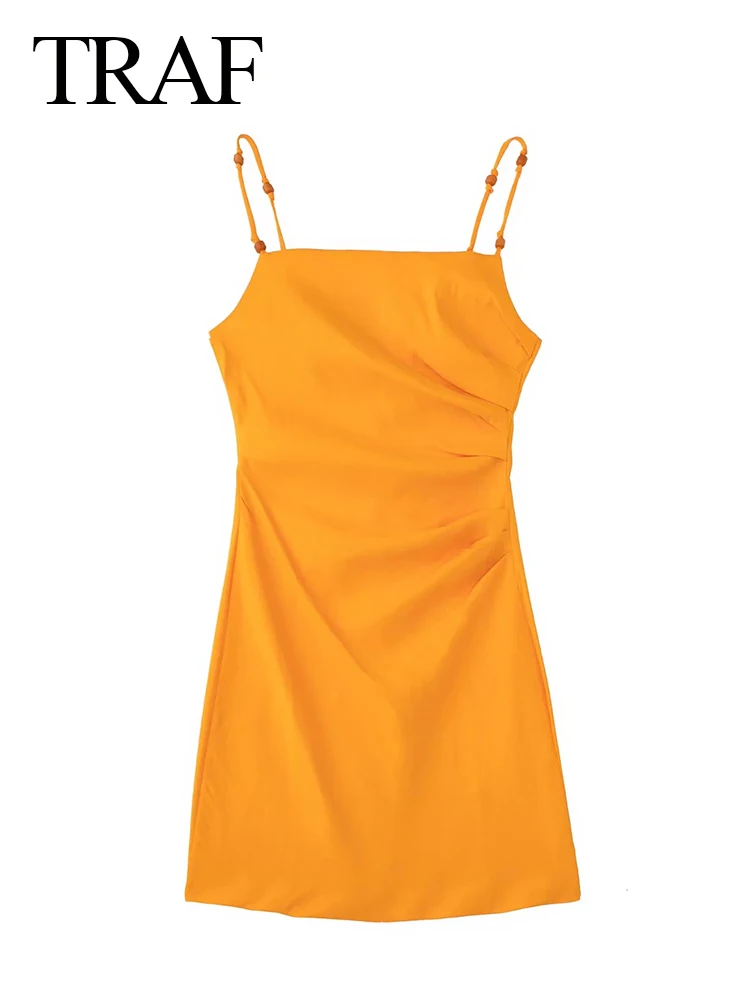 

TRAF Simple Daily Solid Color One Piece Beaded Sling Women Dress Skin-Friendly Cotton Side Pleated Waist Short Lady Dress