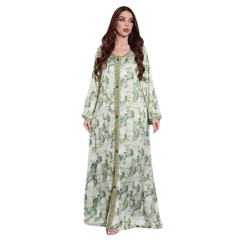 

Fresh Green Lotus Leaf Print Abaya Dress for Women Elegant Ethnic Tape Trim Long Sleeve Loose Arab Muslim Clothes Jalabiya 2022