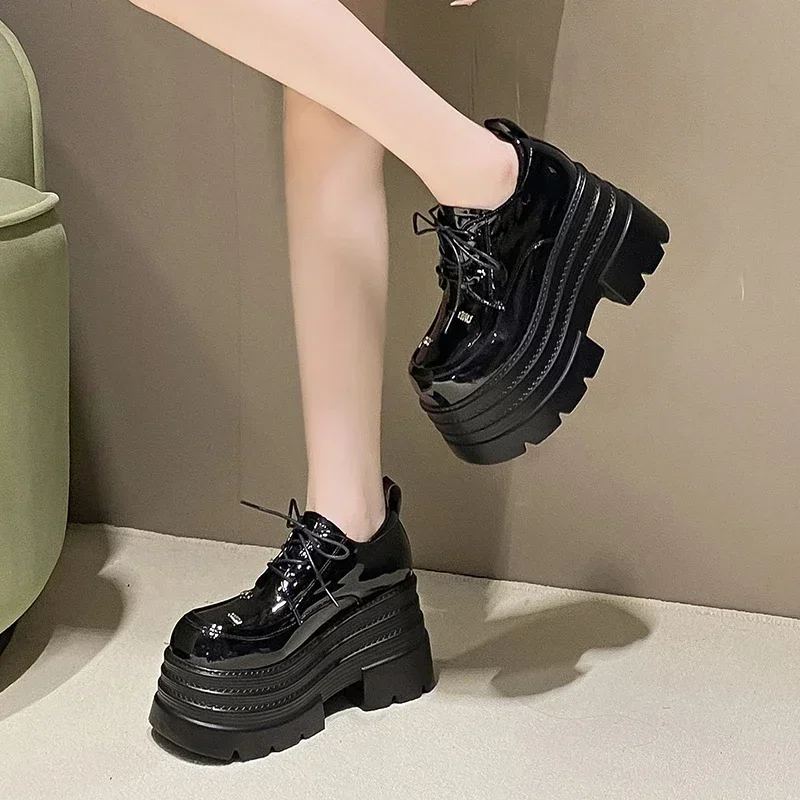 10CM Autumn Women Patent Leather Chunky Sneakers Fur Loafers High Heels Platform Winter Warm Plush Casual Snow Shoes Flats Woman