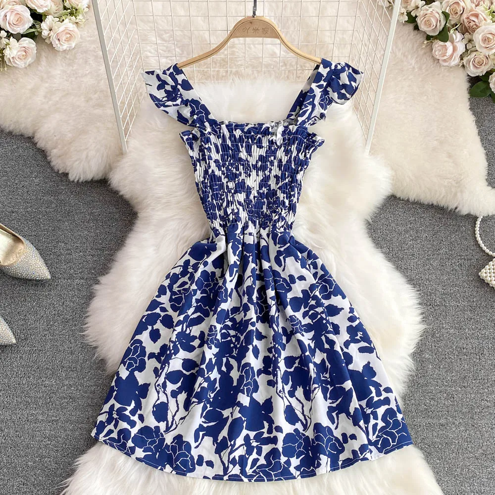 

Маленькое свежее платье на подтяжках с цветами 2022 летнее модное приталенное женское платье без рукавов с рукавами-крылышками и квадратным ...