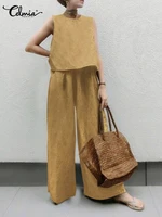 celmia 2022 summer casual sleeveless cropped tops and elastic waist wide leg pant suits cotton baggy women pant sets 2 pcs sets