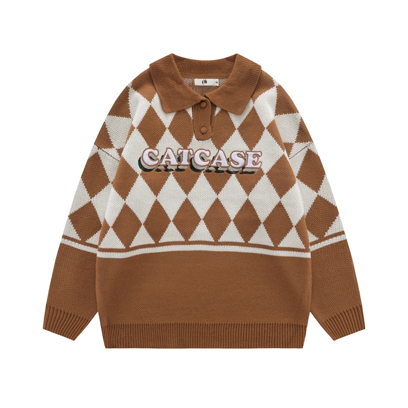 

Color Match Plaid Lapel Letter Embroidery Autumn Sweater for Male and Female High Street Patchwork Pullover Loose Clothes